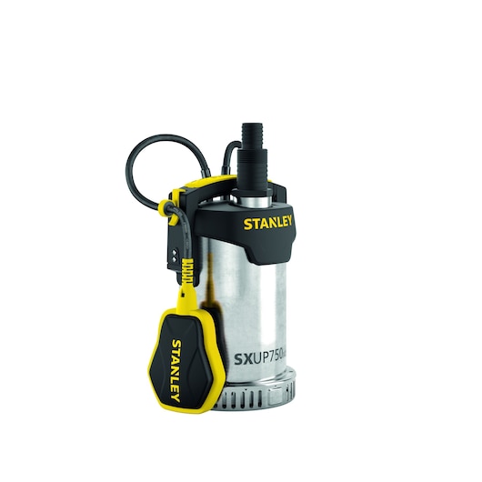 STANLEY SXUP750XCE submersible water pump with metal body and yellow-black float switch.