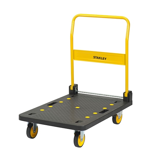 Stanley platform trolley with yellow handle and wheels, used for transporting heavy items.