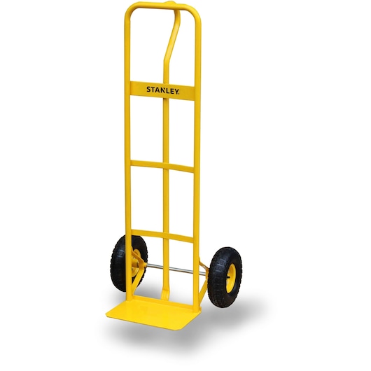Yellow Stanley hand truck with two black wheels for moving heavy items, shown on a white background.