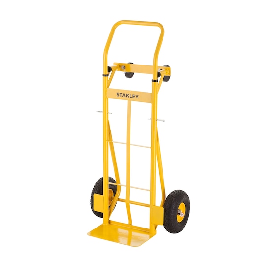 Yellow Stanley hand truck with two black wheels for transporting heavy items, shown on a white background.