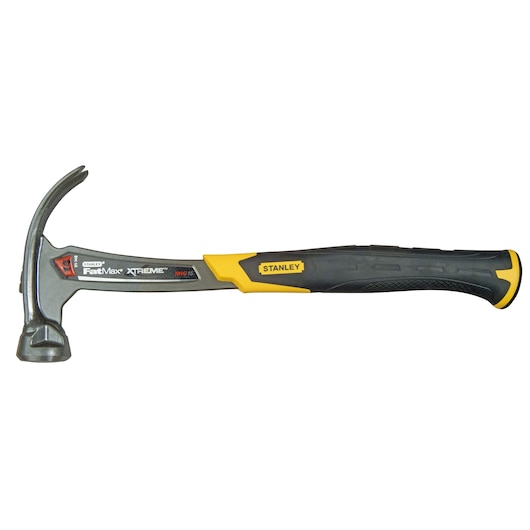 STANLEY XTHT1-51148 claw hammer, black and yellow handle, side angle, photography on white background.