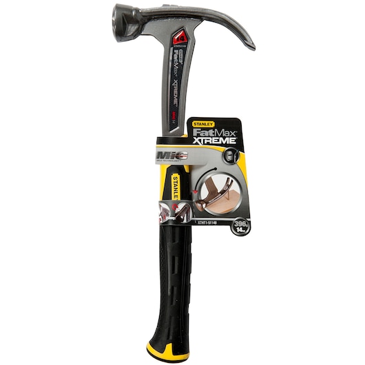 Photo of STANLEY XTHT1-51148 claw hammer with black grip and FatMax Xtreme packaging, front angle.